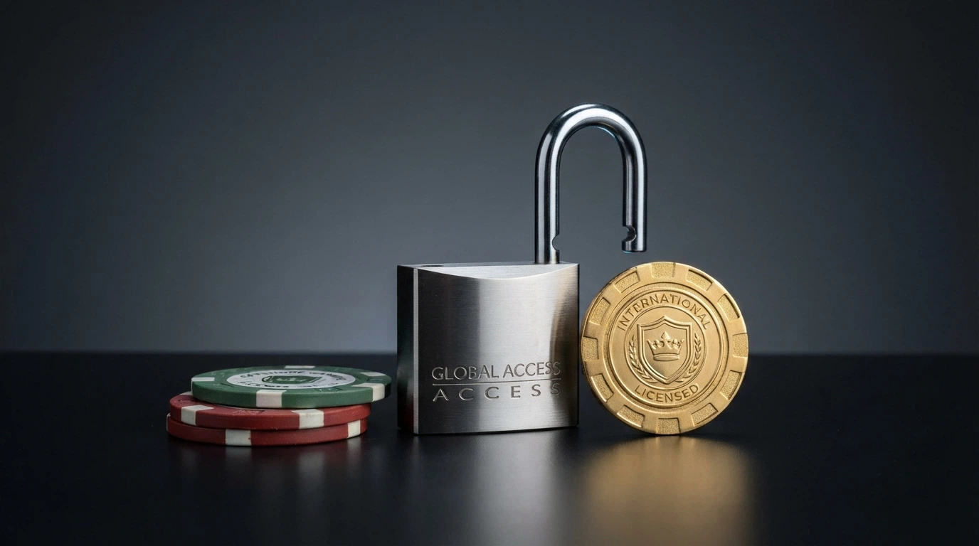 Un tableau comparatif de casinos affiché sur un écran, entouré de symboles de licences internationales et de cryptomonnaies