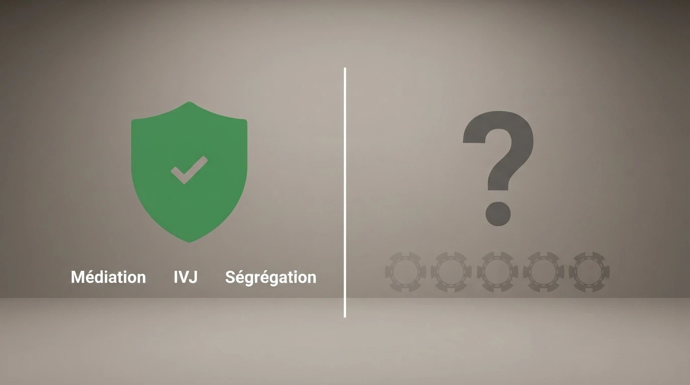 Un tableau comparatif stylisé opposant deux colonnes : à gauche, le logo ANJ et les protections associées (médiation, IVJ, ségrégation) ; à droite, des logos de casinos offshore grisés avec des points d'interrogation.