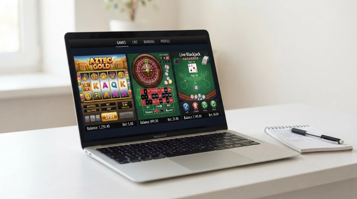 Écran partagé montrant trois interfaces de casino sans vérification avec leurs catalogues de jeux et offres de bonus