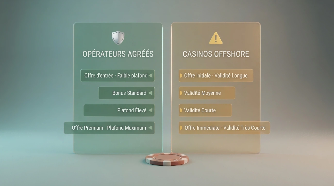 Un tableau comparatif stylisé montrant d'un côté les opérateurs agréés ANJ en vert et de l'autre les casinos offshore en orange, avec des icônes de bouclier et de warning.