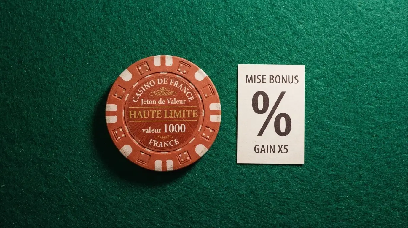 Une rangée de jetons de casino alignés par valeur croissante sur un tapis vert, chaque pile portant une étiquette avec un pourcentage différent