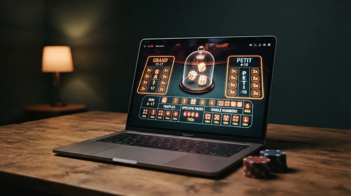 Interface de casino en ligne affichant une table de Sic Bo avec les zones de mise Petit et Grand, multiplicateurs affichés à l'écran