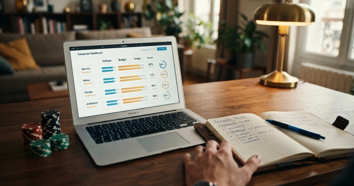 Tableau comparatif de casinos en ligne avec colonnes, écran d'ordinateur affichant une grille d'évaluation