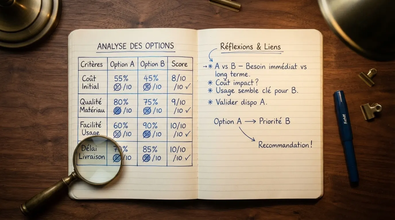 Une grille de comparaison manuscrite sur un carnet, avec des logos de casinos, des pourcentages et des icônes de machines à sous, une loupe posée à côté