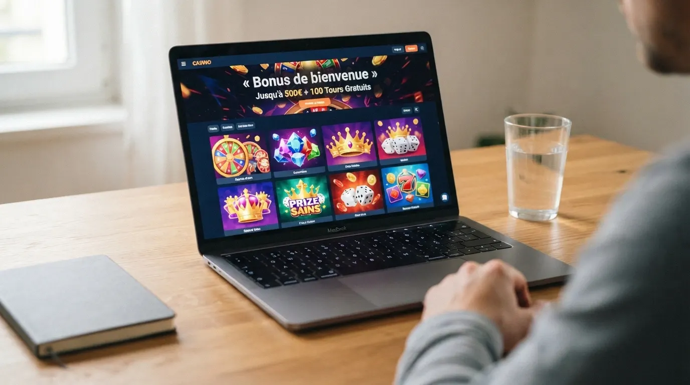 Une interface de casino en ligne affichant une bibliothèque de machines à sous à jackpot, avec des vignettes de jeux et un bandeau de bonus de bienvenue