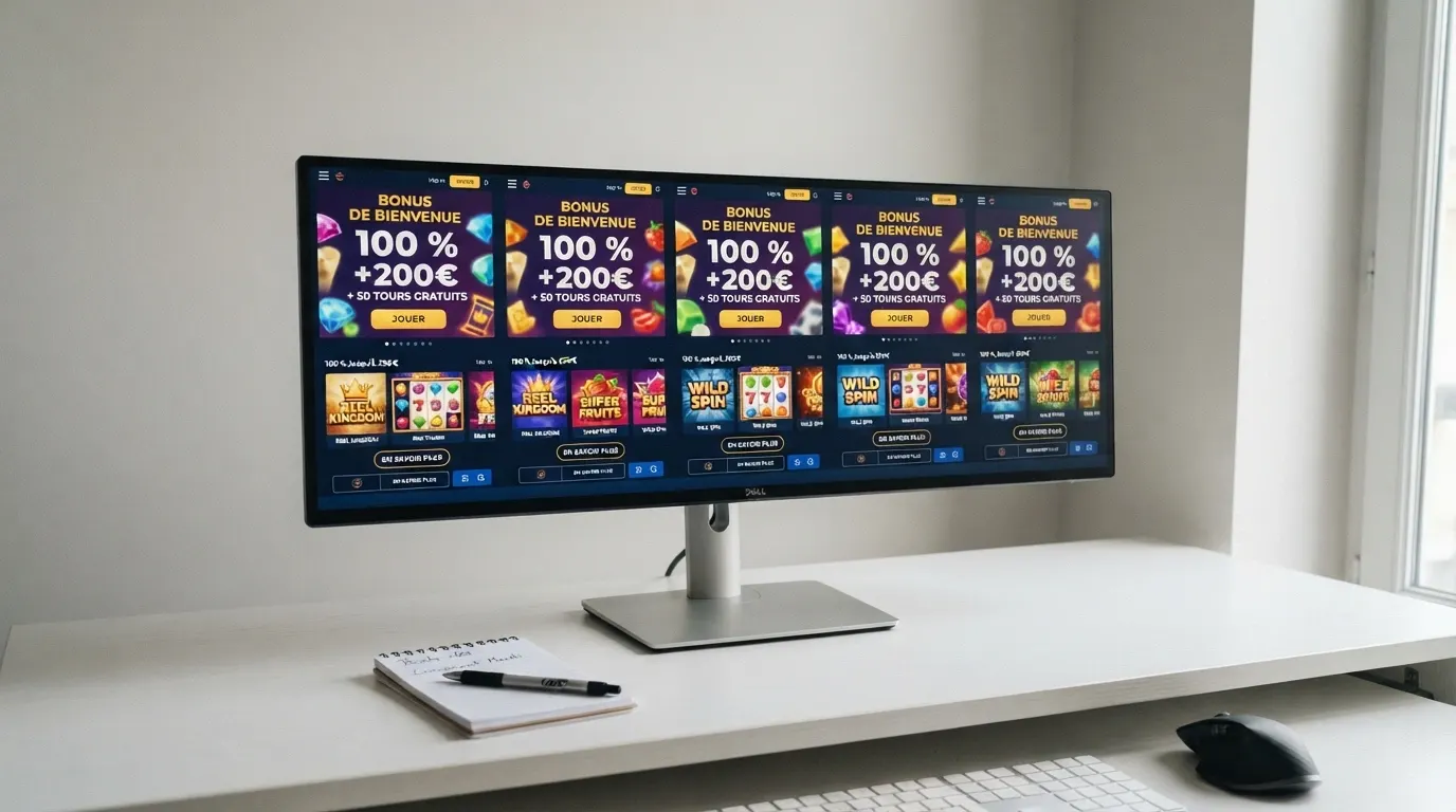 Écran partagé montrant les pages d'accueil de cinq casinos en ligne acceptant MiFinity avec leurs offres de bonus visibles en premier plan