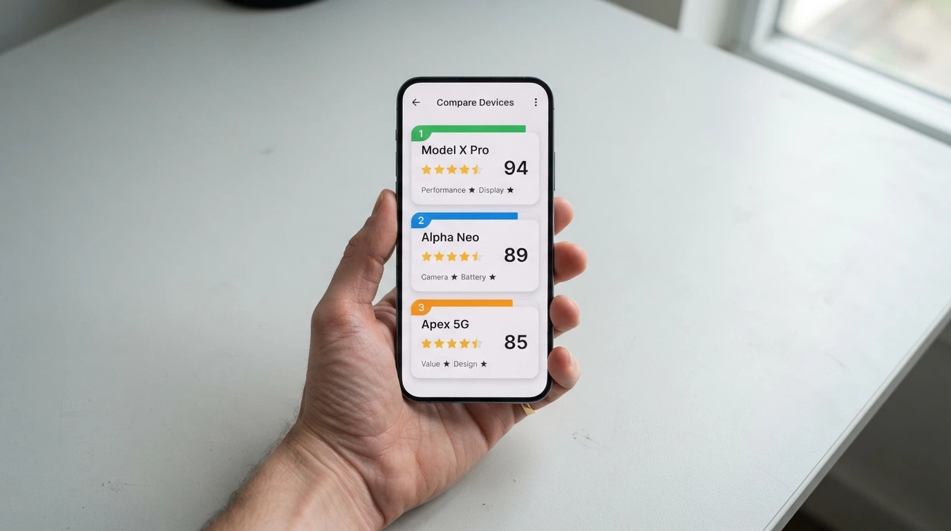 Écran de smartphone affichant un tableau comparatif de casinos mobiles avec notes, bonus et licences