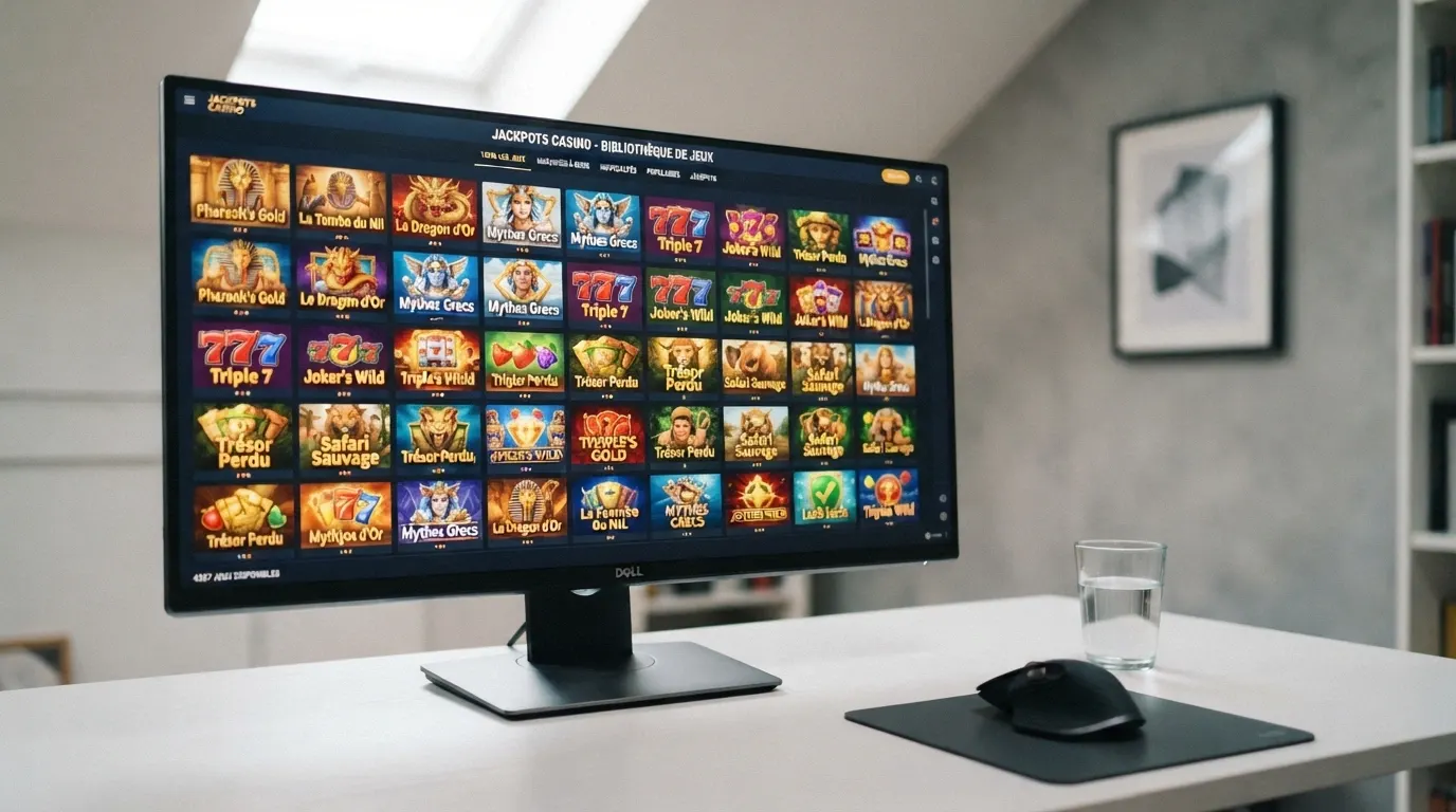 Interface de casino en ligne affichant une bibliothèque de machines à sous avec leurs vignettes