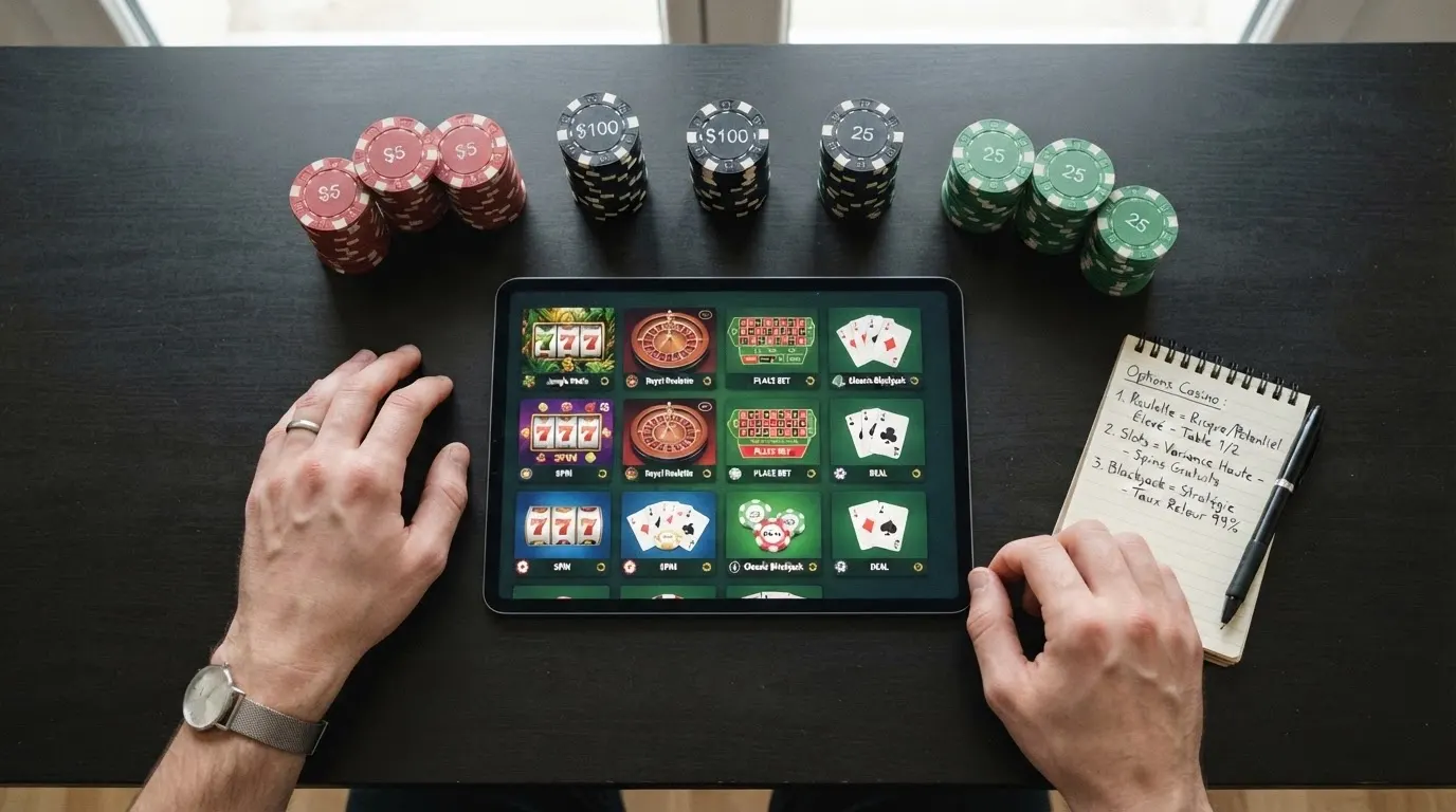 Une grille comparative présentant plusieurs casinos avec leurs bonus, licences et notes sur un fond sombre