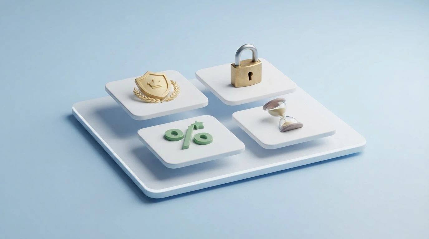 Une grille de comparaison visuelle avec des icônes représentant les critères : licence, cadenas de sécurité, pourcentage de bonus, sablier des conditions de mise