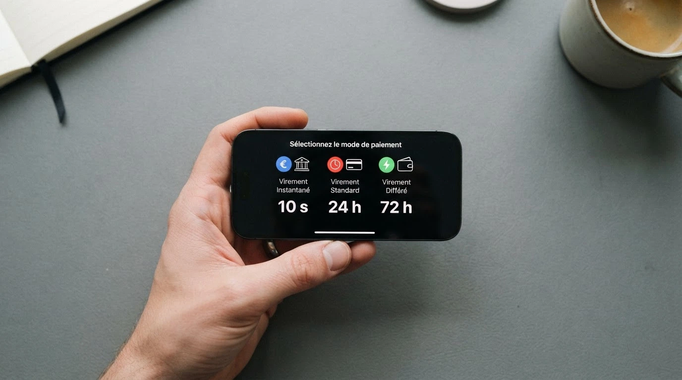 Smartphone affichant côte à côte les logos de Skrill, SEPA instantané et Visa, chacun accompagné d'un chronomètre indiquant un délai différent