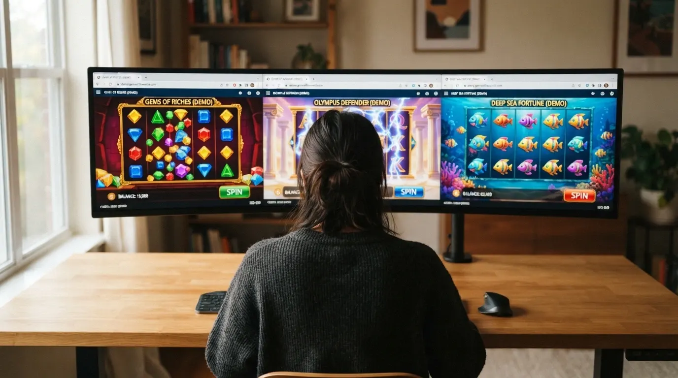 Écran partagé montrant trois interfaces de machines à sous populaires en mode démo (Sweet Bonanza 1000, Gates of Olympus 1000, Big Bass Splash) sur trois navigateurs