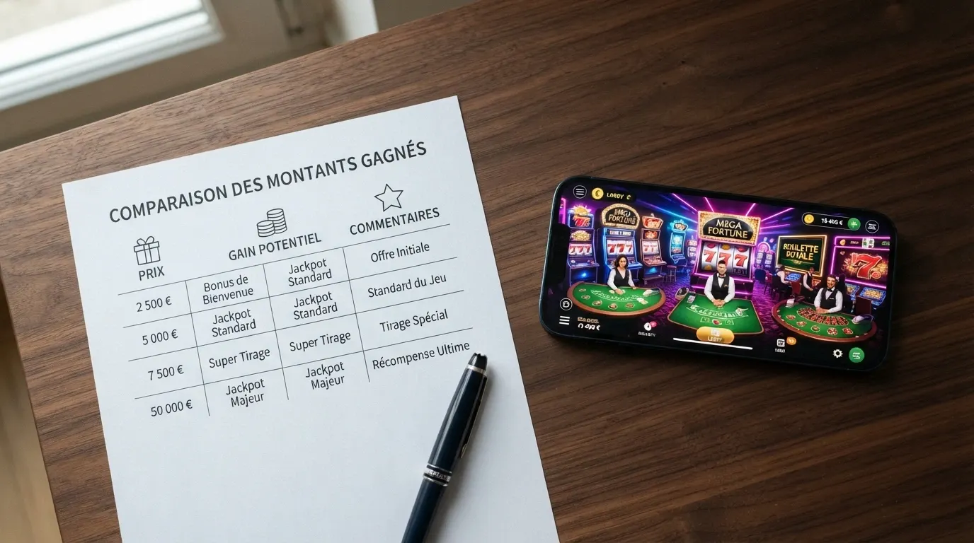 Un tableau comparatif simplifié posé sur un bureau à côté d'un téléphone affichant un lobby de casino, les colonnes montrant des montants en euros