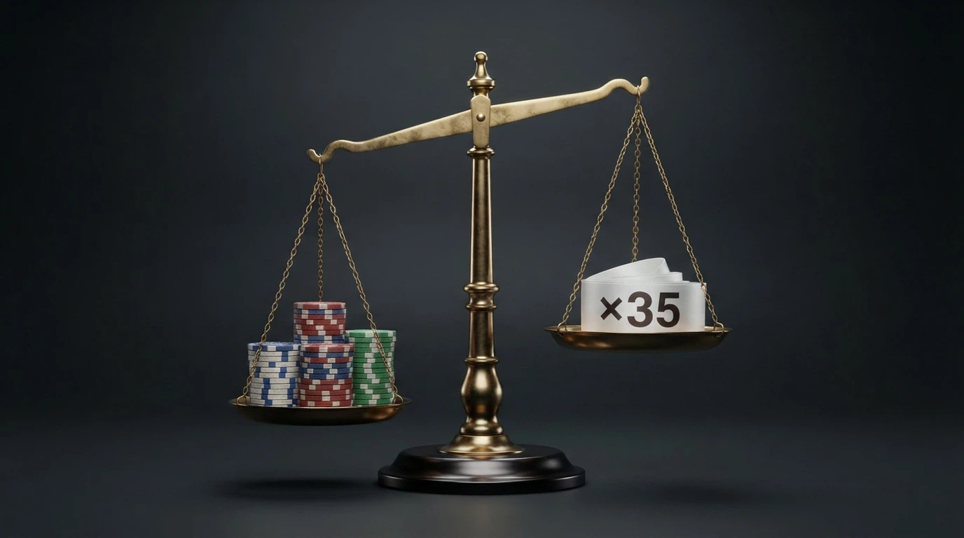 Une balance de précision dont un plateau chargé de jetons pèse moins lourd que l'autre chargé d'un ruban marqué « conditions de mise ×35 »