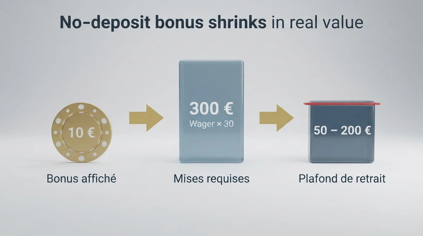 Comparaison visuelle entre le montant affiché d'un bonus sans dépôt (10 €) et le montant réellement retirable après application du wager et du plafond