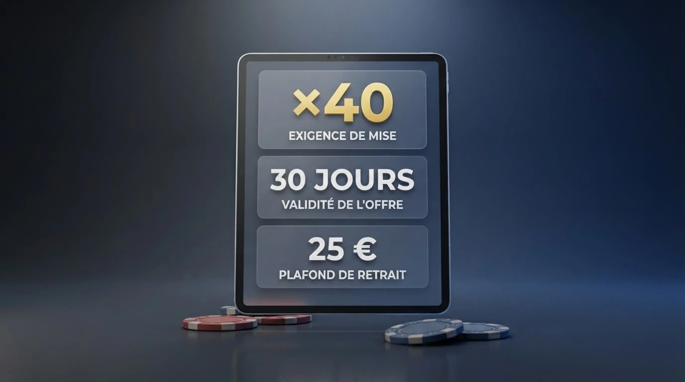 Un écran affichant les conditions de mise d'une offre de free spins — pourcentage de wagering, validité en jours, plafond de retrait en euros