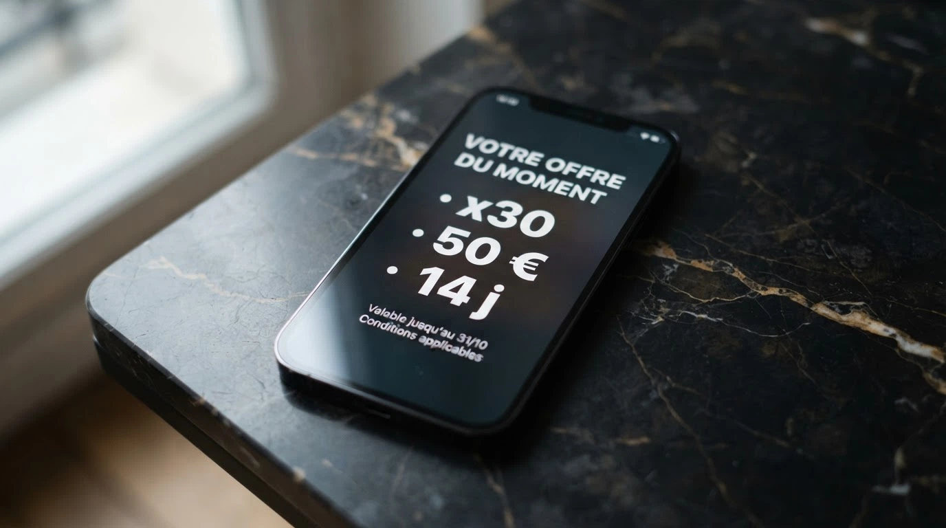 Écran affichant les conditions générales d'un bonus de casino : multiplicateur de wager, plafond de retrait et date d'expiration
