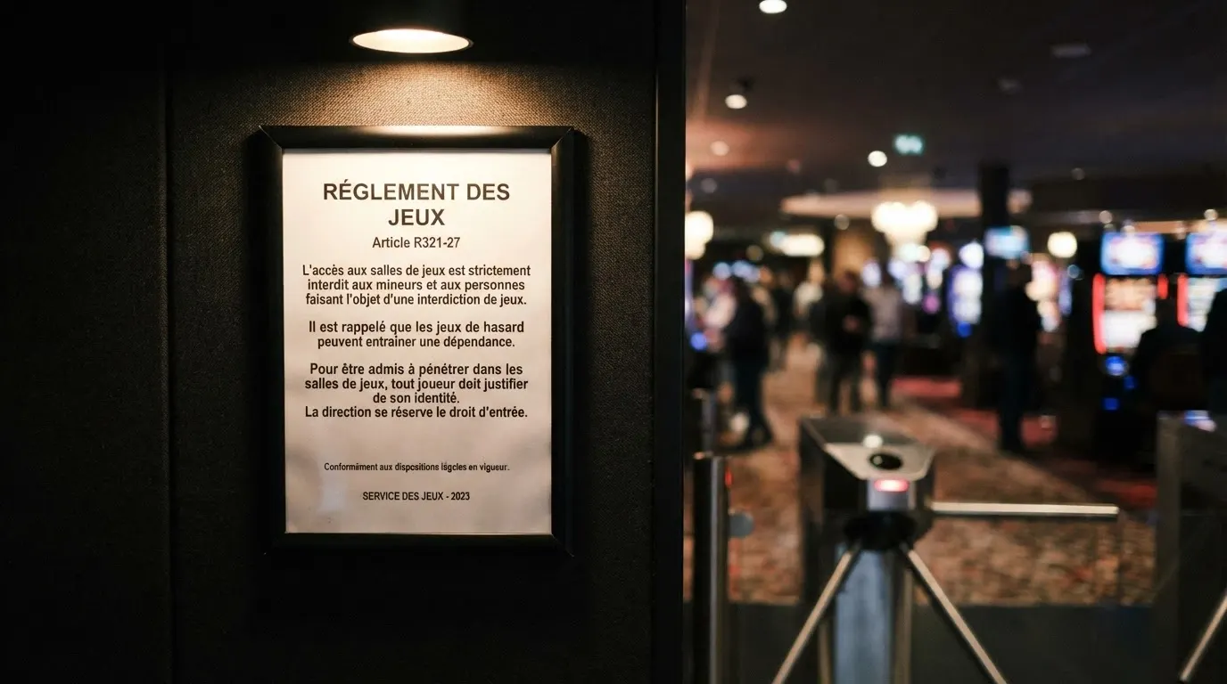 Le texte officiel de l'article R321-27 affiché à l'entrée d'un établissement de jeux, à côté du portique de contrôle.