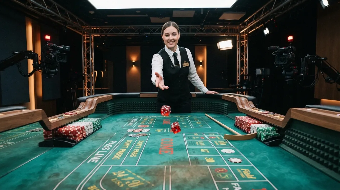 Un croupier en tenue de casino lance deux dés sur une table de craps filmée en plan large, l'interface de pari affichée en surimpression