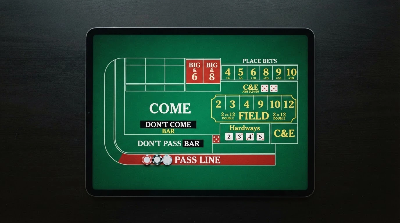 Vue aérienne d'une table de craps numérique avec ses zones de mise : Pass Line, Field, Come et Don't Pass clairement visibles