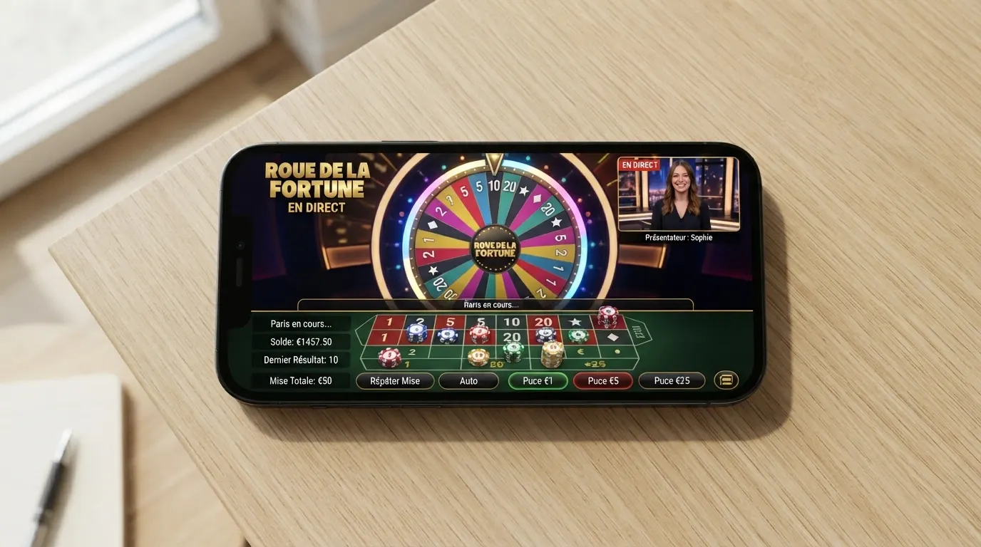 Un smartphone affichant l'interface de jeu Crazy Time avec les positions de mise et le flux vidéo en direct du présentateur