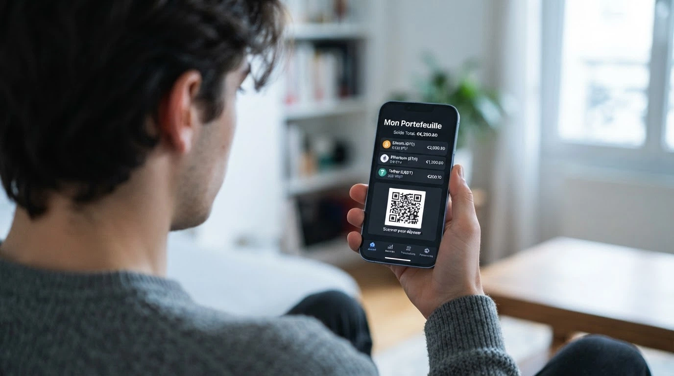 Portefeuille de cryptomonnaies sur un écran de smartphone, avec une liste de devises (BTC, ETH, USDT) et un code QR de dépôt