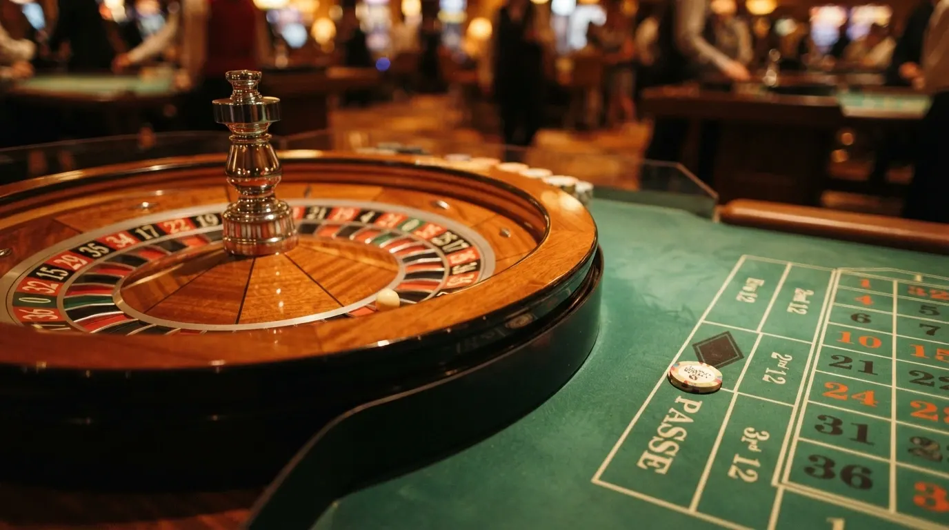 Vue rapprochée d'un cylindre de roulette numéroté, de la bille et du tapis de mise