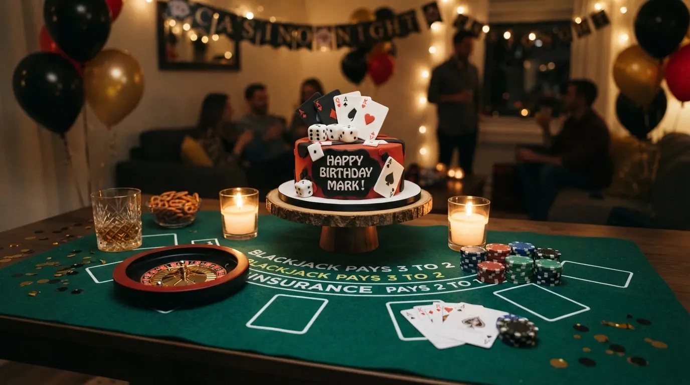 Une table de fête décorée aux couleurs d'un casino avec une roulette factice, des jetons empilés et des cartes à jouer dispersées