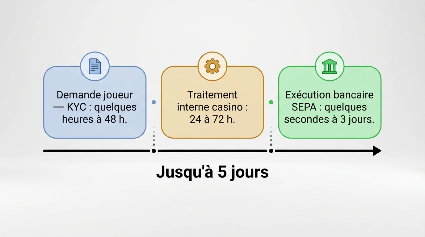 Chronologie visuelle des trois étapes d’un retrait par virement : demande joueur, traitement interne casino, exécution bancaire