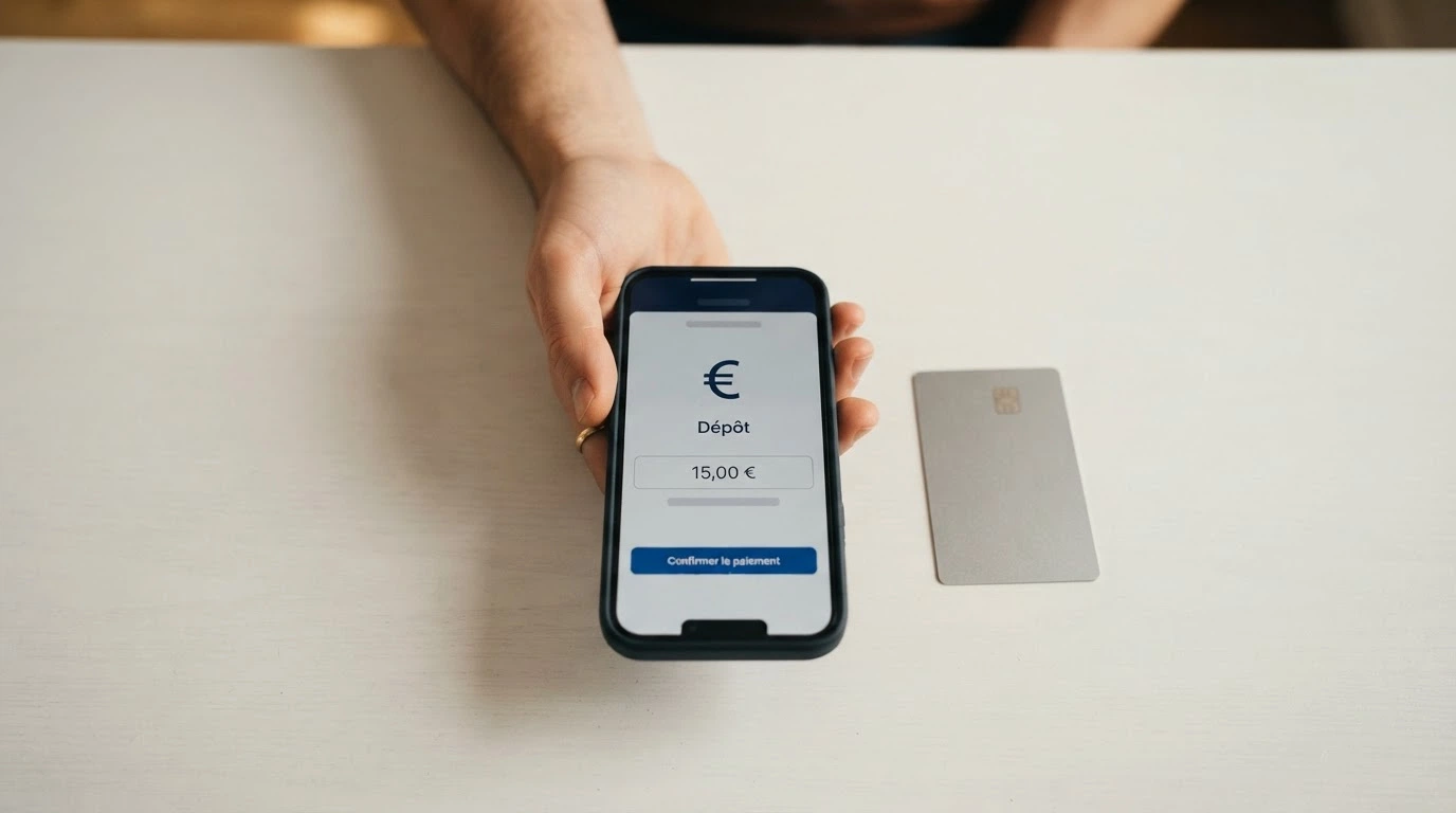 Carte bancaire posée sur un clavier d'ordinateur, écran affichant une page de dépôt de casino en ligne