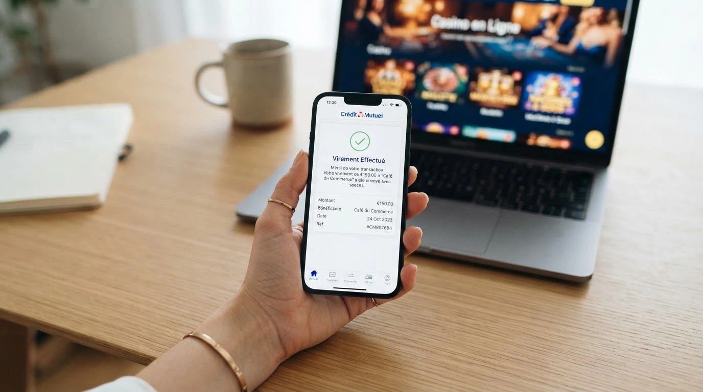 Main tenant un smartphone ouvert sur l'application Revolut, écran affichant une transaction par carte, fond de casino flouté