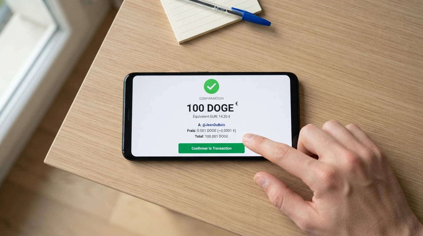 Portefeuille crypto affichant une transaction Dogecoin en cours de confirmation