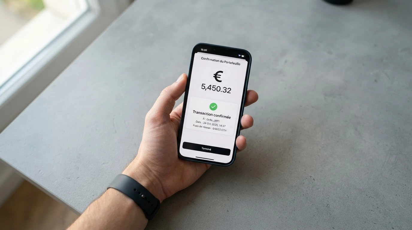 Une main tenant un smartphone affiche une transaction Litecoin confirmée sur la blockchain, avec l'interface de dépôt d'un casino en arrière-plan