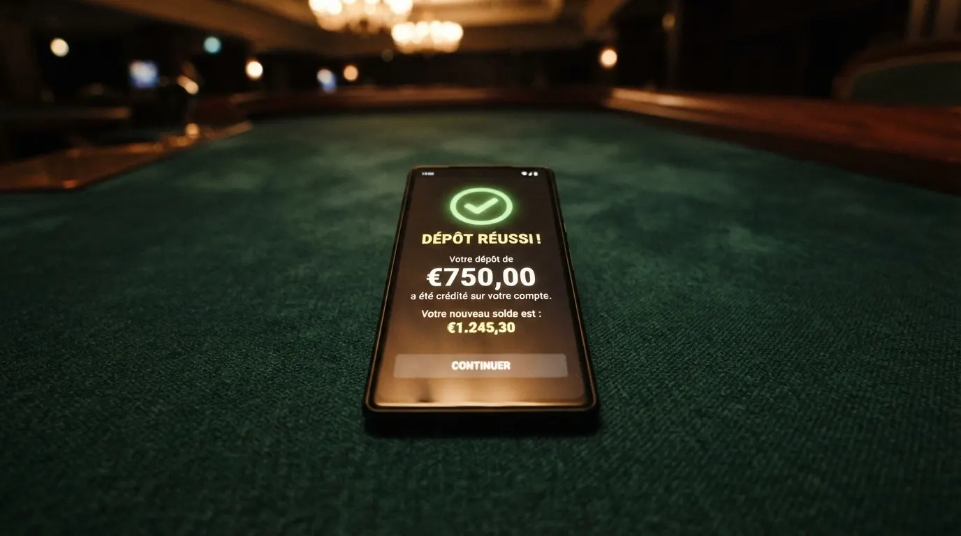 Un téléphone posé sur une table de casino affichant l'écran de confirmation d'un dépôt MuchBetter