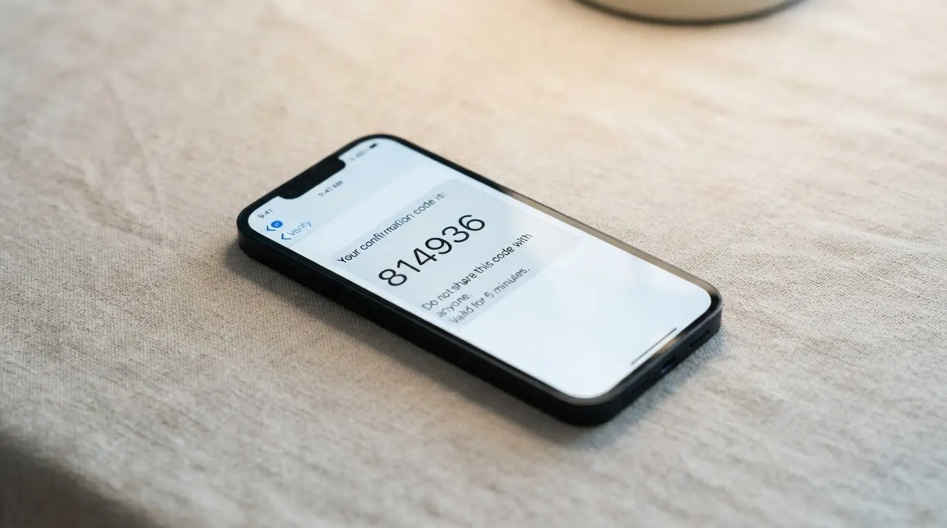 Un téléphone mobile affichant un code SMS de confirmation de paiement à l'écran, avec le logo d'un opérateur de téléphonie en arrière-plan flouté