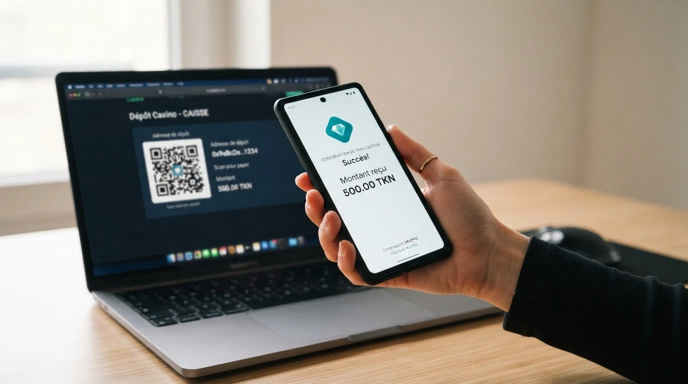 Une main tenant un smartphone affichant une transaction Ethereum en cours avec la mention « confirmations réseau : 2/2 », devant un écran d'ordinateur montrant la caisse d'un casino