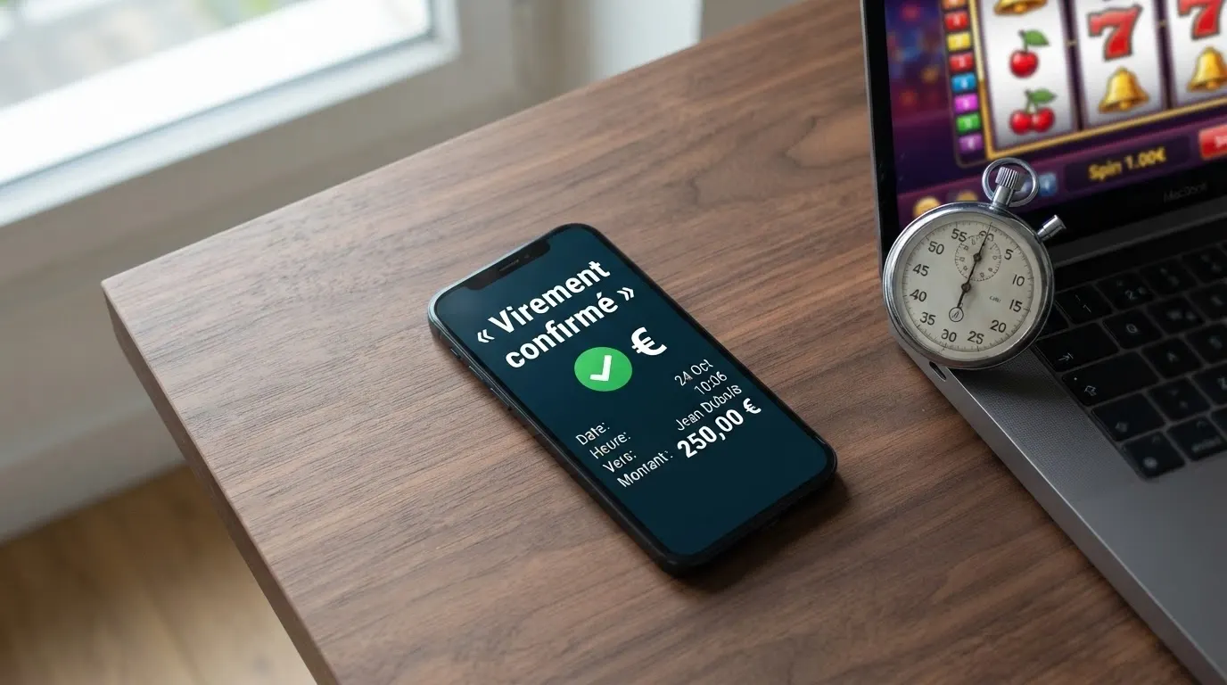 Un téléphone affichant une confirmation de virement bancaire instantané à côté d'un écran de casino, une montre ou un chronomètre en amorce suggérant la vitesse.