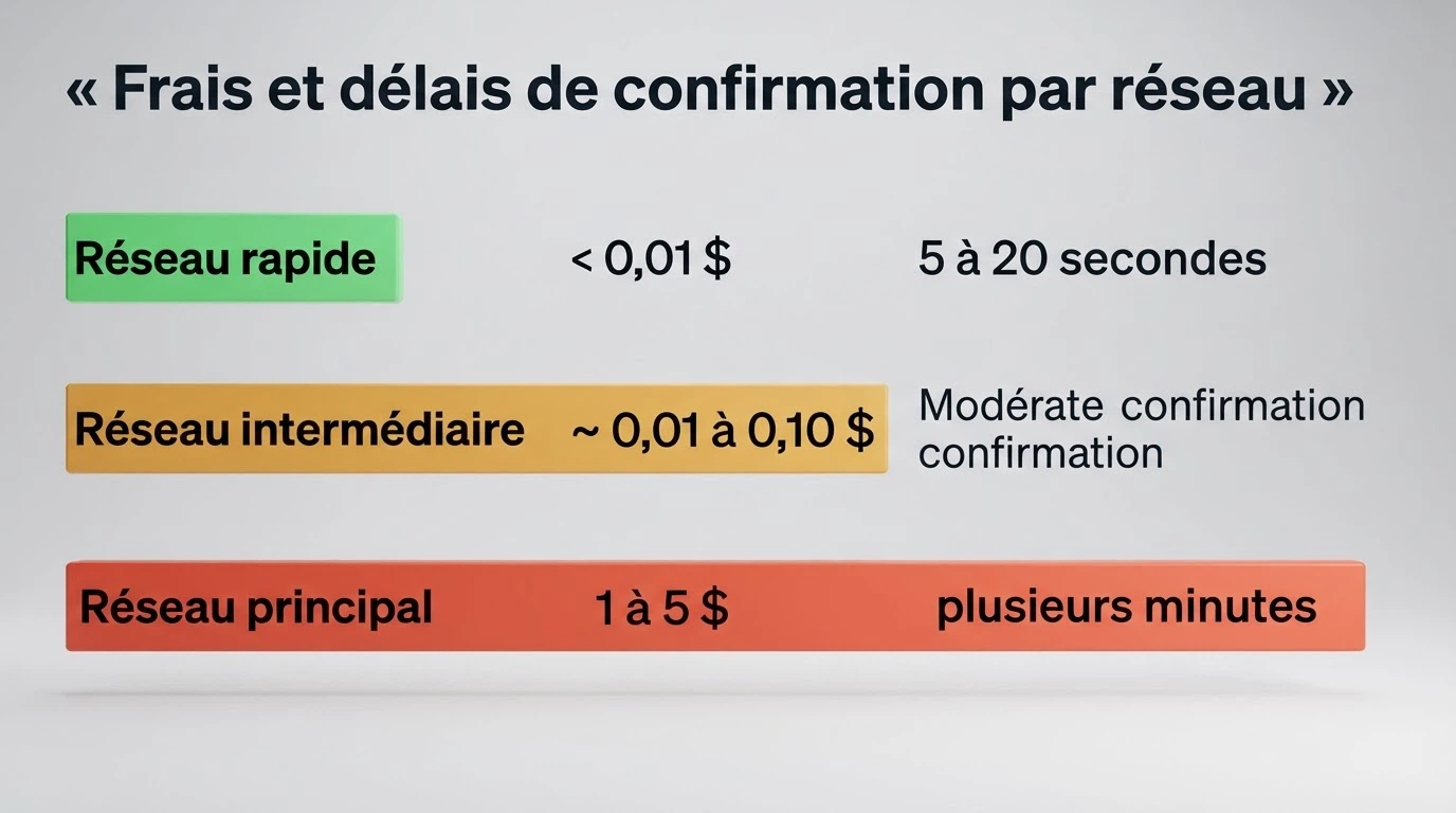 Schéma comparatif des trois principaux réseaux blockchain pour un dépôt USDC (Ethereum, Solana, Polygon) avec leurs frais et délais de confirmation.