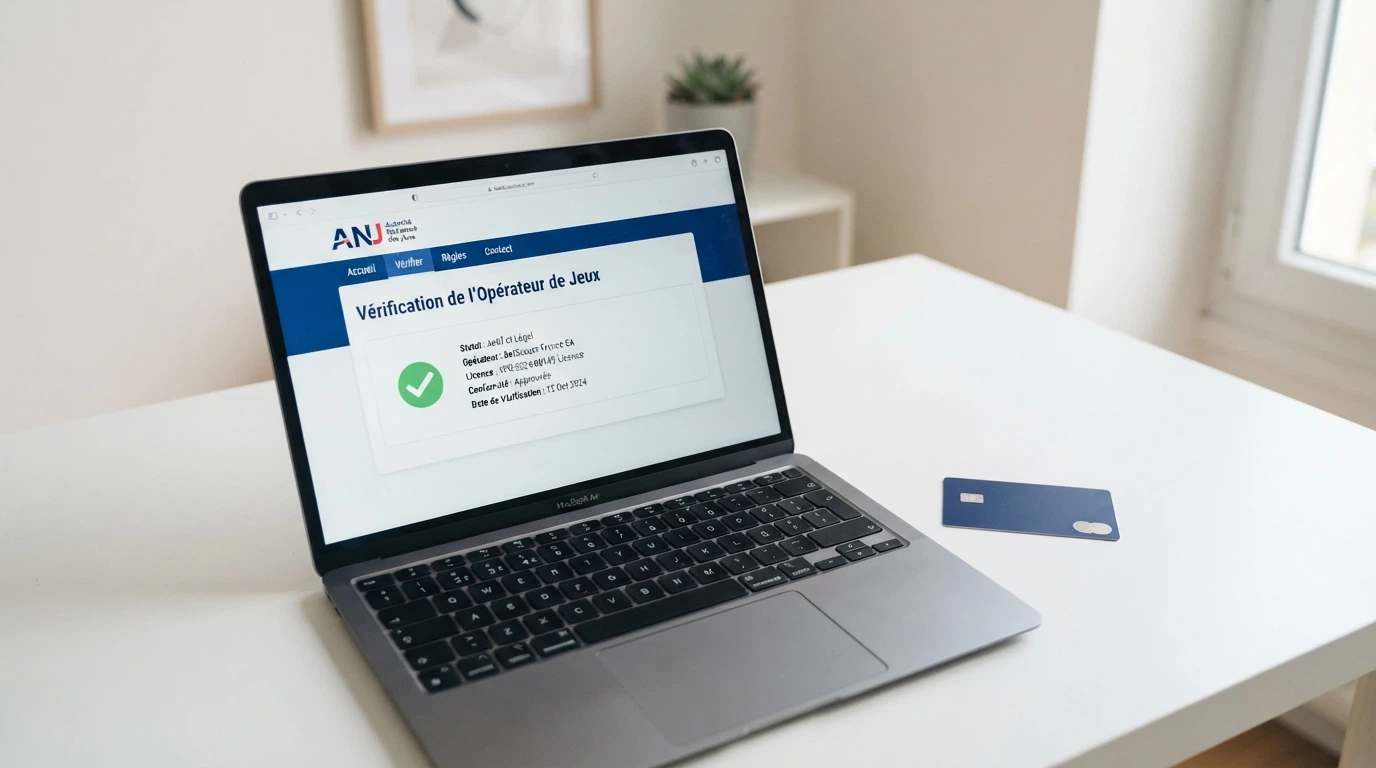Documents officiels et écran affichant le site de l'ANJ, avec une carte bancaire posée à côté, illustrant la régulation française des jeux d'argent en ligne