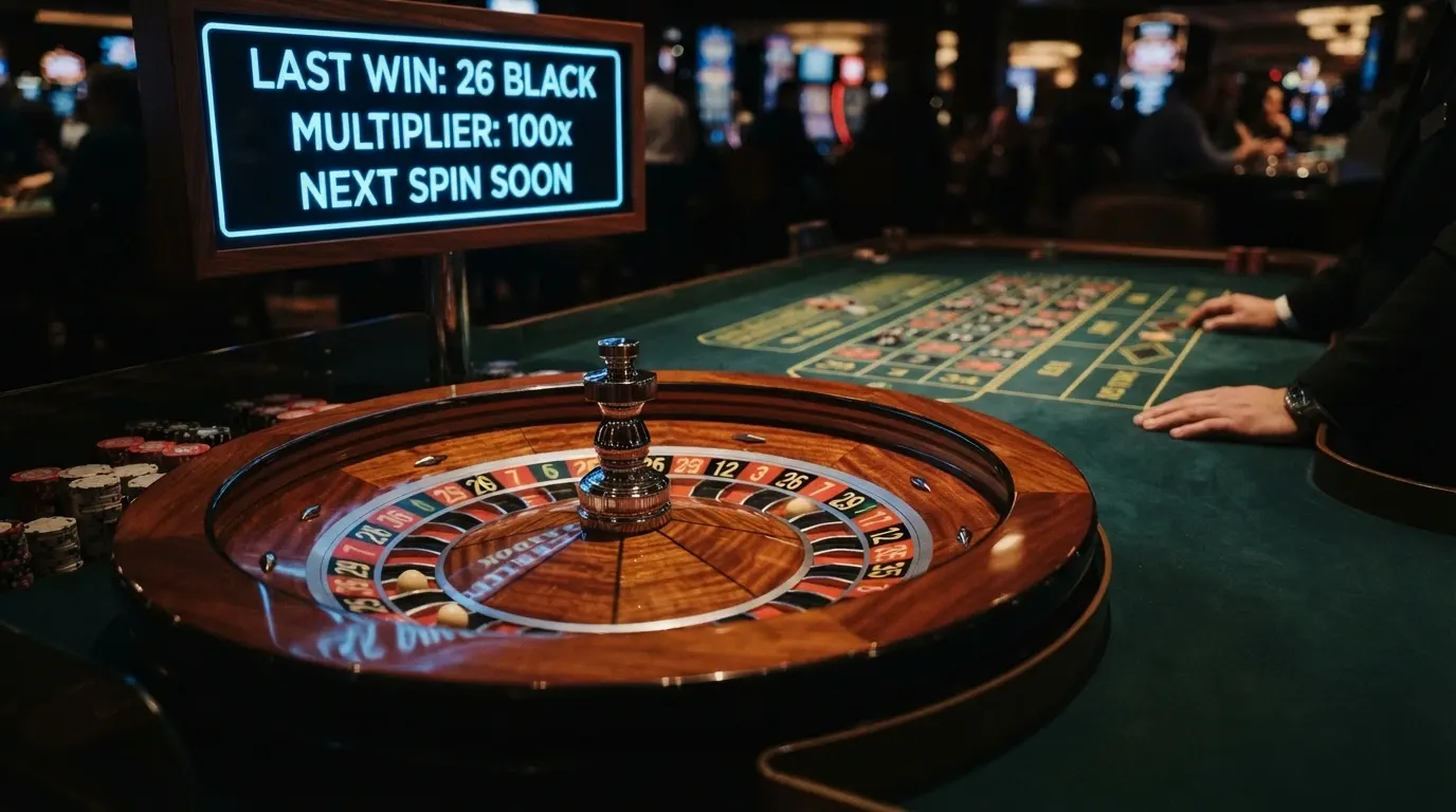 Une table de Lightning Roulette Evolution Gaming en gros plan, le multiplicateur 500x affiché à l'écran, le croupier lançant la bille