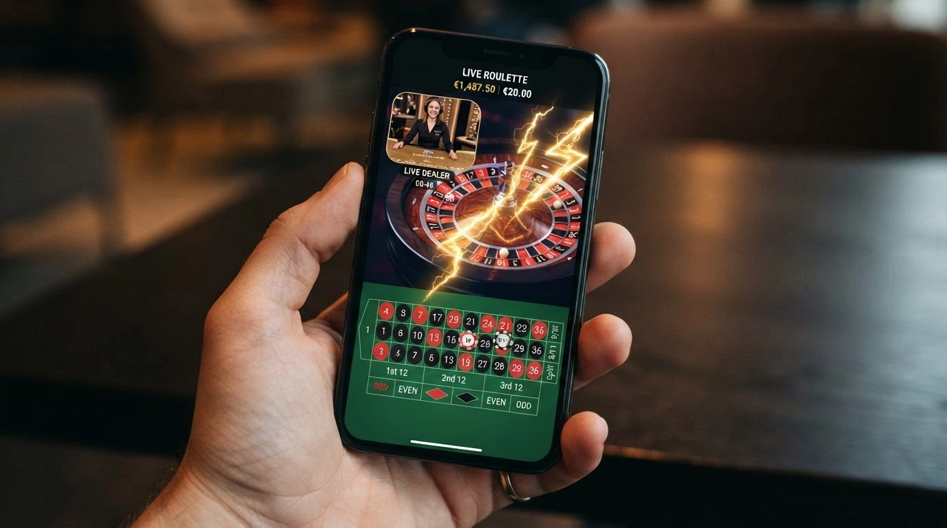 Vue rapprochée de l'écran de jeu Lightning Roulette avec le croupier en médaillon, le tapis de mise numérique et les numéros Lightning clignotant à l'écran