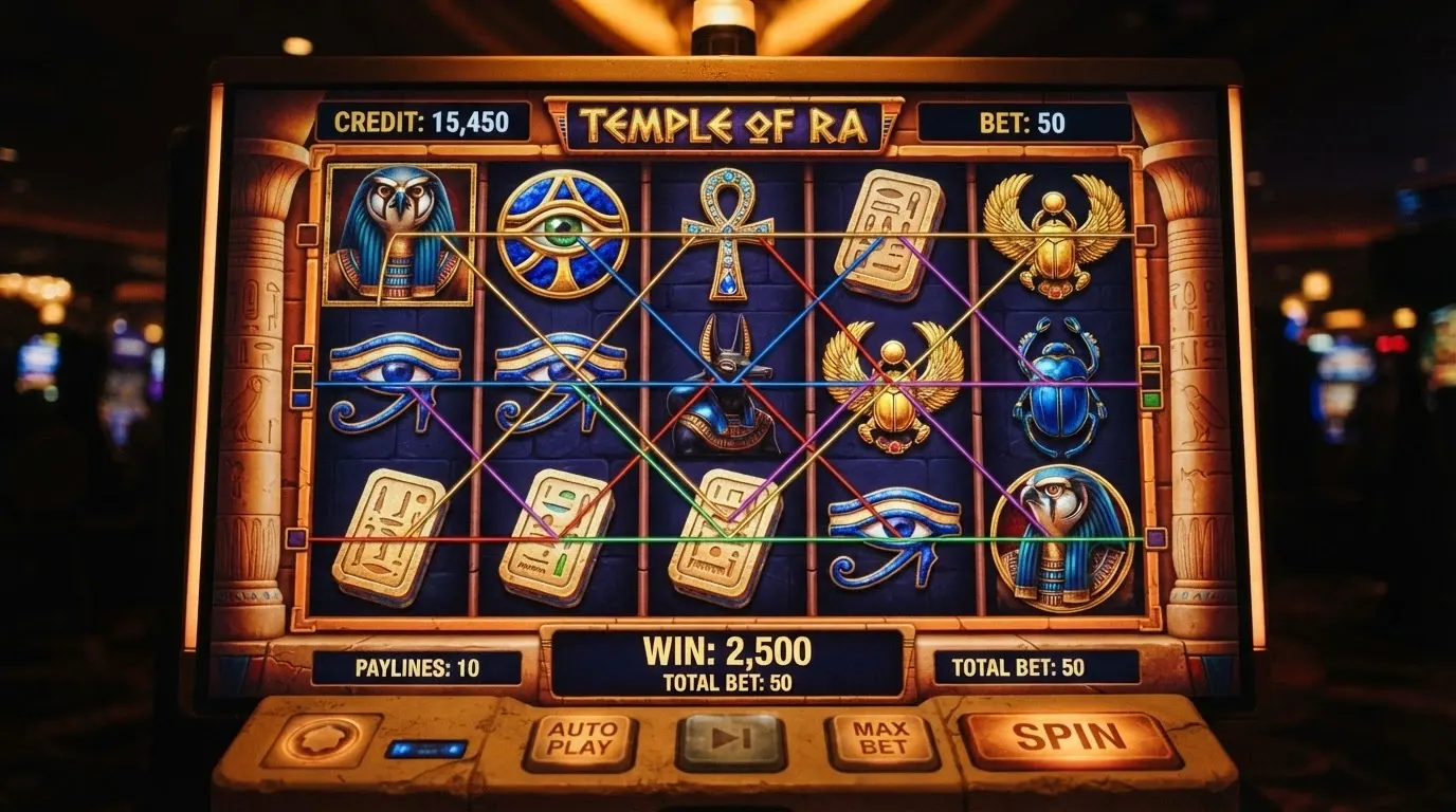 Capture d'écran du jeu Eye of Horus de Merkur Gaming montrant les symboles égyptiens, les 5 rouleaux et les 10 lignes de paiement