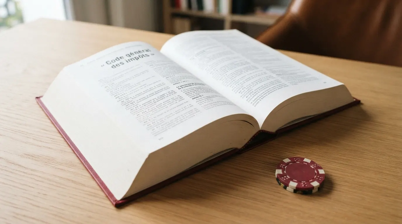 Un extrait du Code général des impôts français ouvert à l'article 92, posé sur un bureau à côté d'un jeton de casino