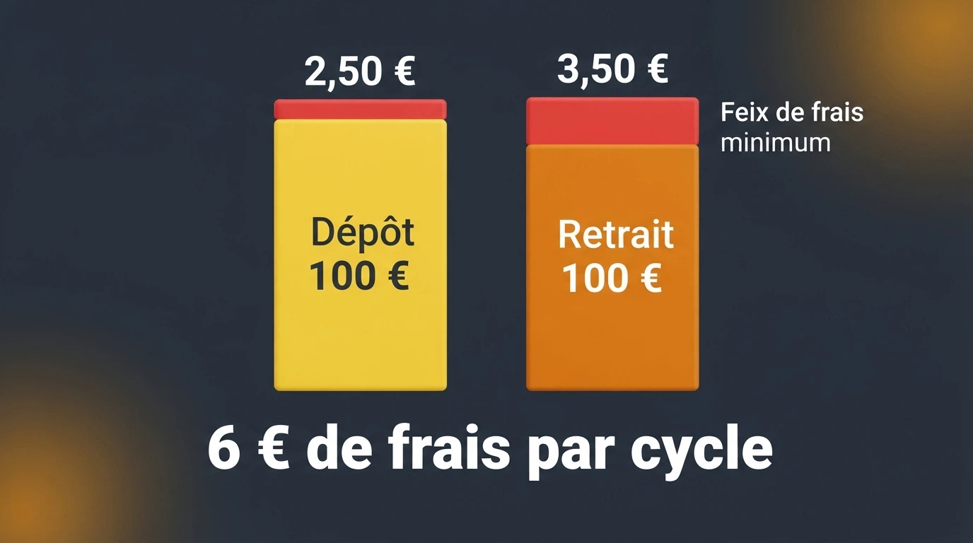 Calcul visuel des frais appliqués à une transaction Skrill : pourcentage prélevé au dépôt puis au retrait, avec le montant net restant.