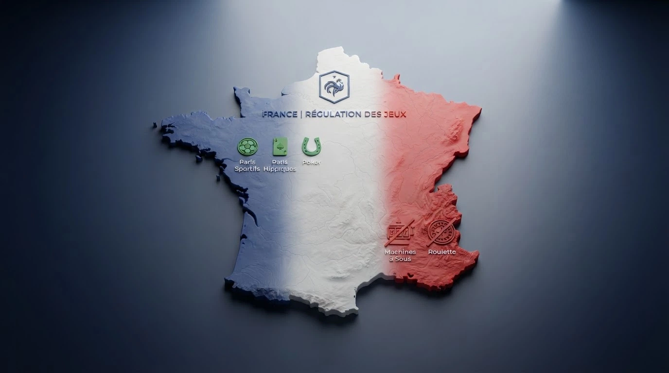 Carte de France avec le logo de l'ANJ et la mention « casino en ligne interdit », contrastant avec des icônes de paris sportifs et de poker en vert