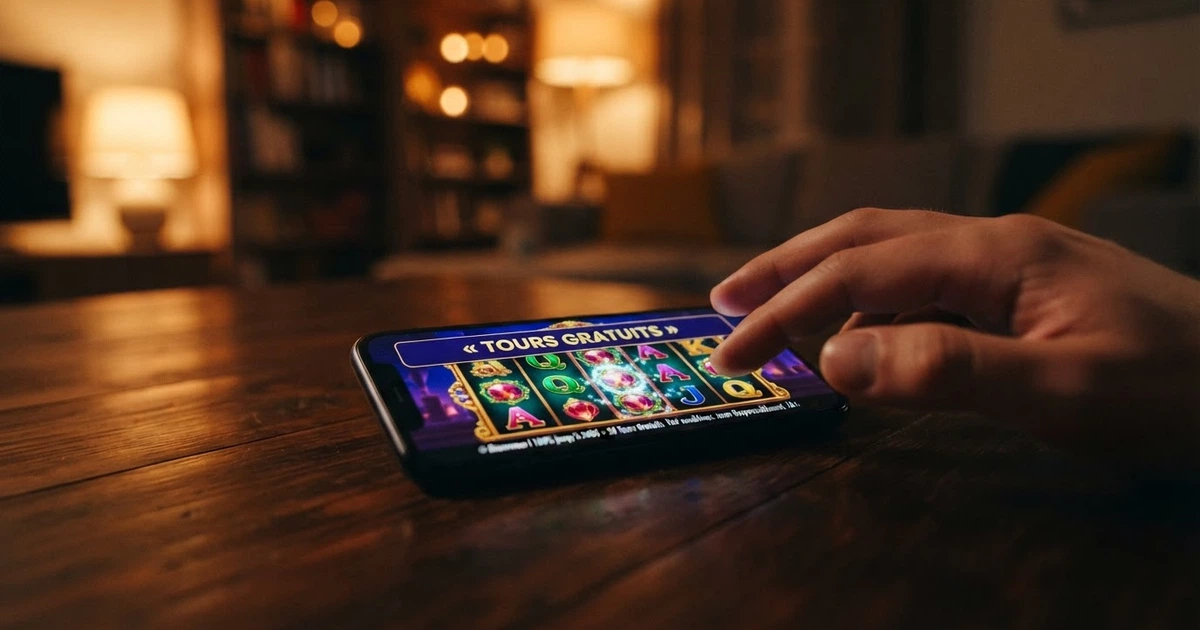 Une main qui effleure l'écran d'un smartphone affichant une machine à sous colorée, avec la mention « tours gratuits » en surimpression
