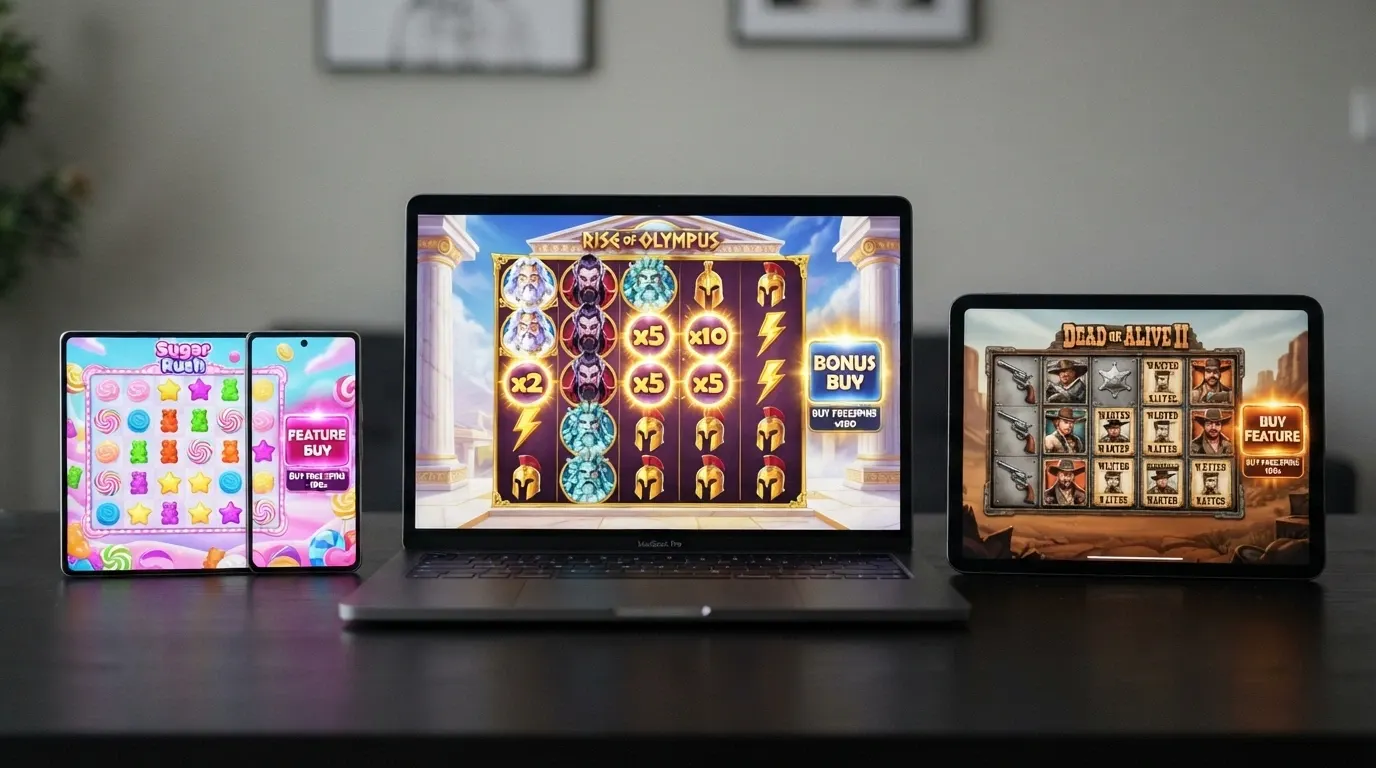 Écrans de plusieurs machines à sous populaires avec achat bonus (Gates of Olympus, Money Train 4, Sweet Bonanza) montrant leurs grilles de jeu et leur interface bonus buy.