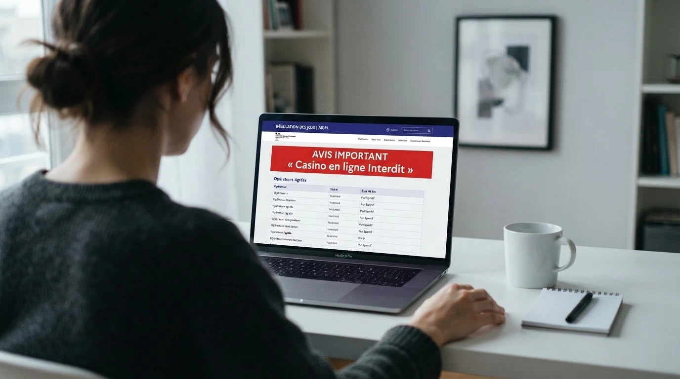 Interface du site de l'ANJ affichant la liste des opérateurs agréés et la mention « casino en ligne interdit »