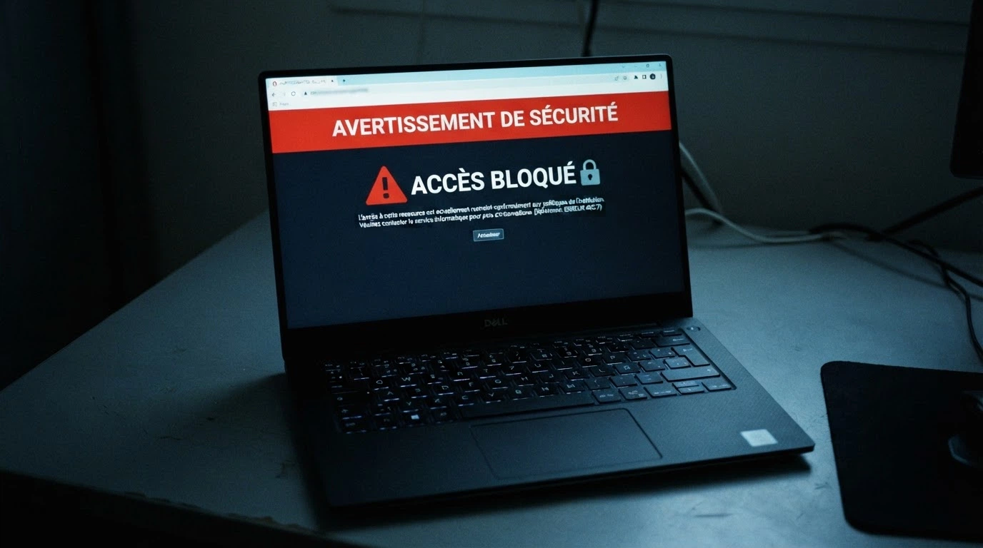Écran montrant un site de jeux bloqué accompagné d'un avertissement de l'ANJ