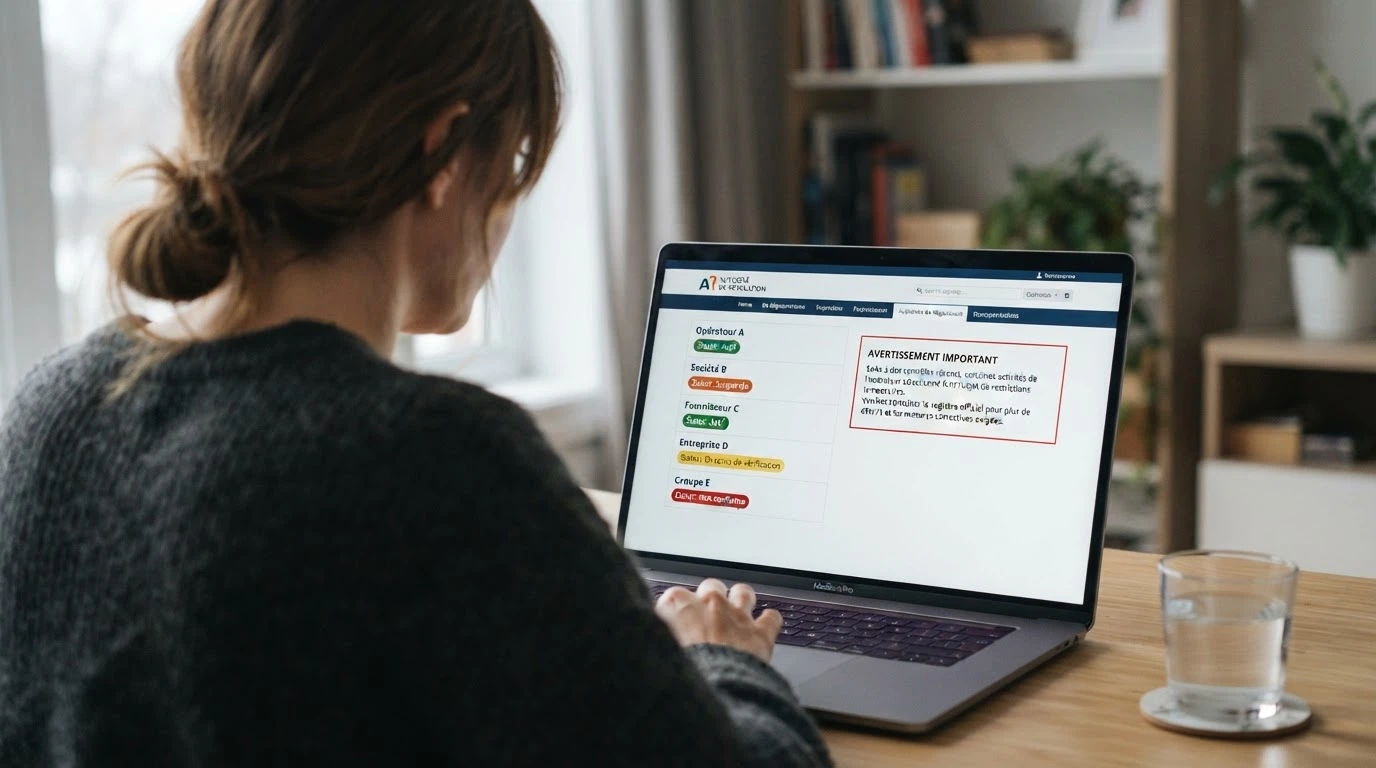Page officielle de l'ANJ présentant la liste des opérateurs agréés et l'encadré d'avertissement sur l'offre illégale de jeux de casino
